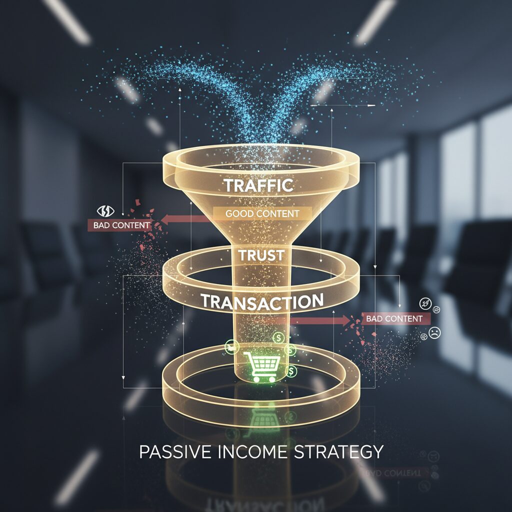 A strategic funnel diagram showing the transition from Traffic to Trust to Transaction, highlighting the drop-off points where bad content fails.