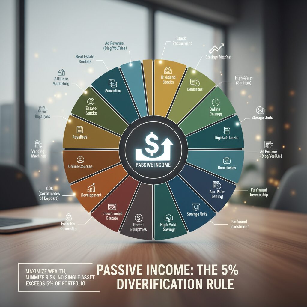 An infographic illustrating a pie chart portfolio with 20 slices, demonstrating the '5% Rule' for diversification, preventing any single sector or stock from dominating the risk profile.