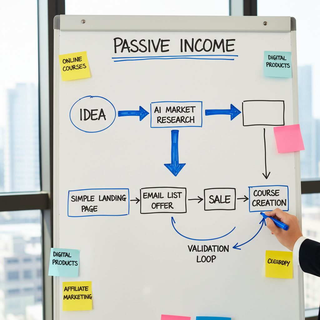 A flowchart illustrating the "Pre-Sell Validation Loop": Idea -> AI Market Research -> Simple Landing Page -> Email List Offer -> Sale -> Course Creation. Use arrows to show the flow.