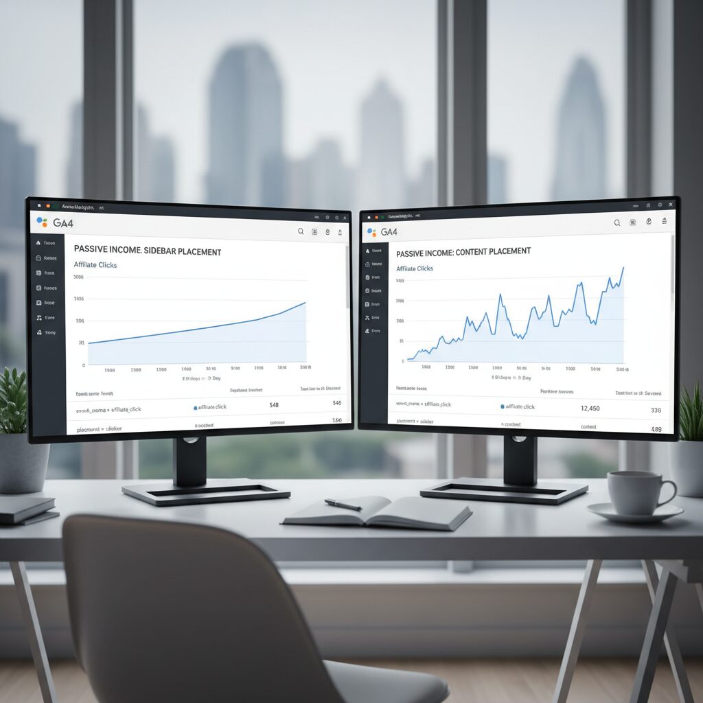 A screenshot comparison showing a GA4 dashboard with 'Affiliate Click' events configured, highlighting the difference in click volume between 'sidebar' and 'content' placements.