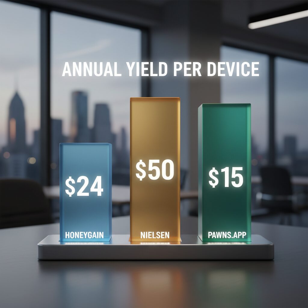 A comparison bar chart titled 'Annual Yield Per Device'. Honeygain bar at $24, Nielsen bar at $50, Pawns.app bar at $15.