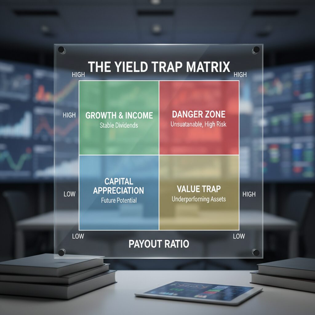 A 2x2 matrix graphic titled 'The Yield Trap Matrix'. One axis is 'Yield High/Low', the other is 'Payout Ratio High/Low'. The 'High Yield + High Payout Ratio' quadrant is colored red and labeled 'DANGER ZONE'.