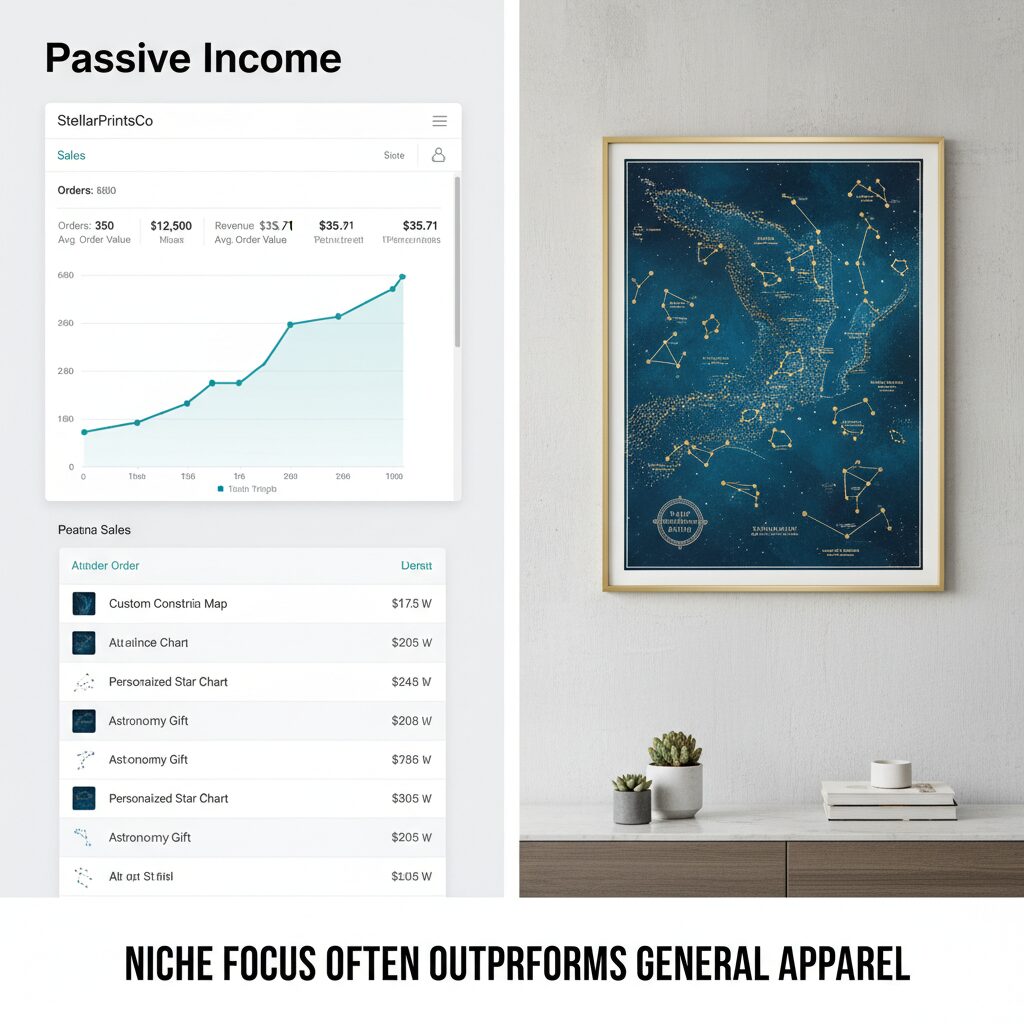 Split screen image. Left side: A screenshot of an Etsy dashboard showing steady sales. Right side: A mockup of a niche map print on a wall. Caption: Niche focus often outperforms general apparel.