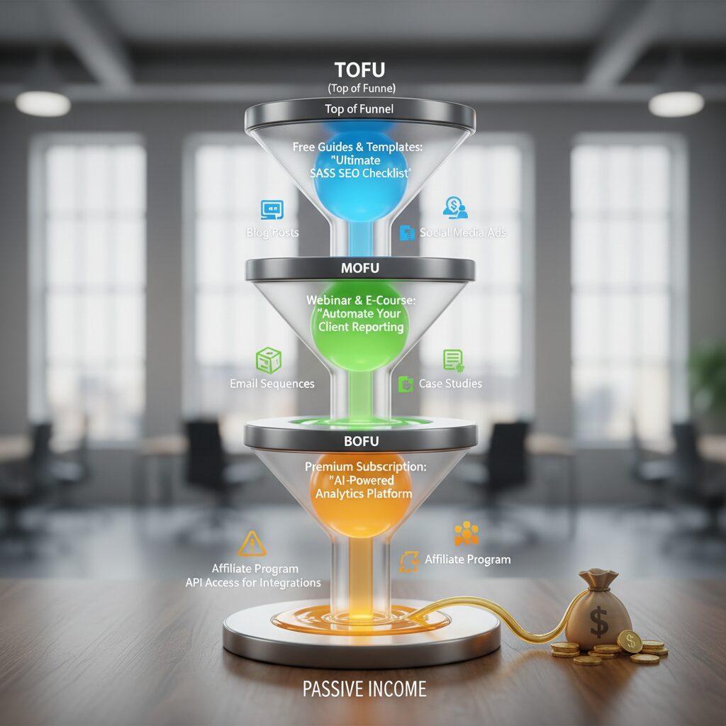 Visual representation of the TOFU, MOFU, and BOFU funnel with specific content examples for a SaaS niche product.