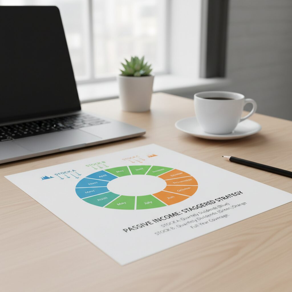 A calendar graphic illustrating the 'Staggered Strategy'. It color-codes months (Jan/Apr/Jul/Oct in Blue, Feb/May/Aug/Nov in Green, Mar/Jun/Sep/Dec in Orange) showing how three stocks cover the full year.