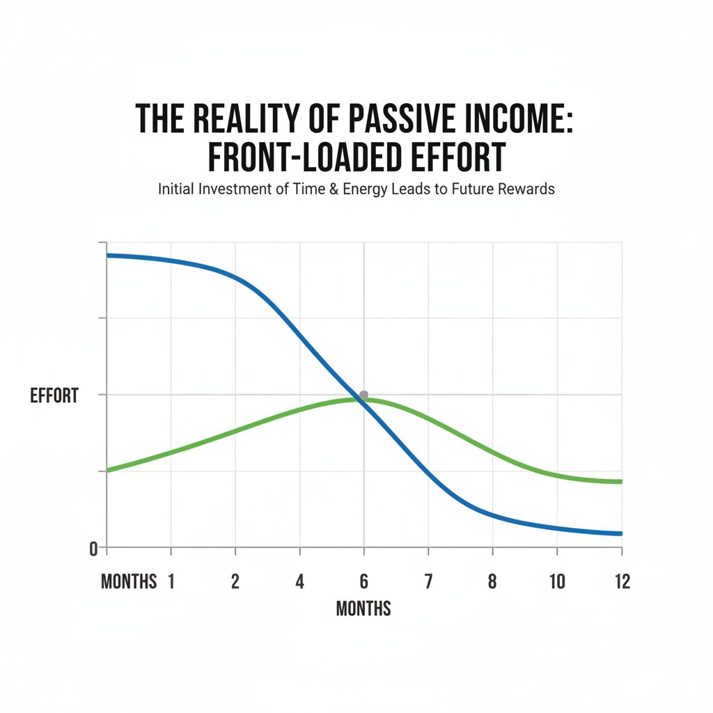 Infographic showing a timeline. The X-axis is time (Months 1-12), the Y-axis is Effort and Income. The 'Effort' line starts very high and drops over time. The 'Income' line starts at zero and crosses the Effort line around Month 6. Caption: The Reality of Passive Income: Front-Loaded Effort.