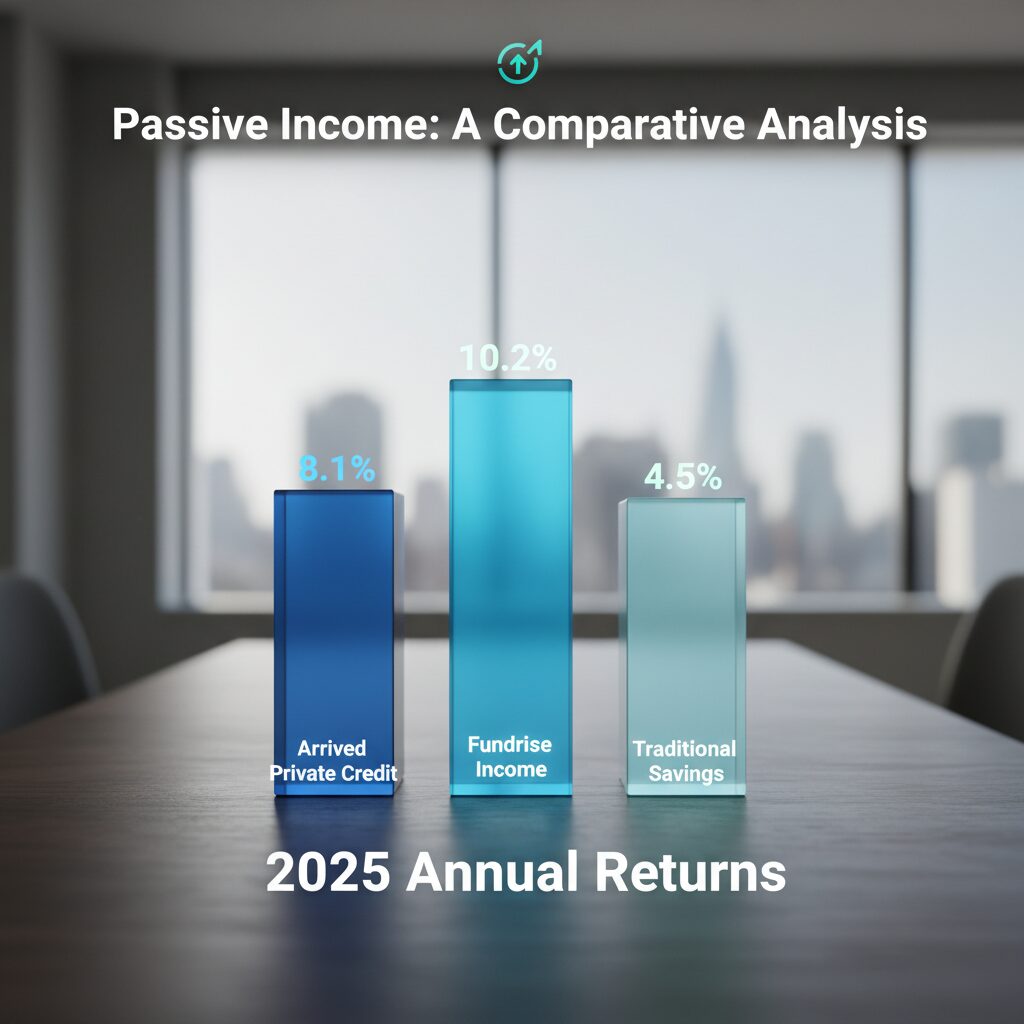A bar chart comparing the returns of Arrived Private Credit (8.1%), Fundrise Income (10.2%), and Traditional Savings Accounts (4.5%) for the year 2025.