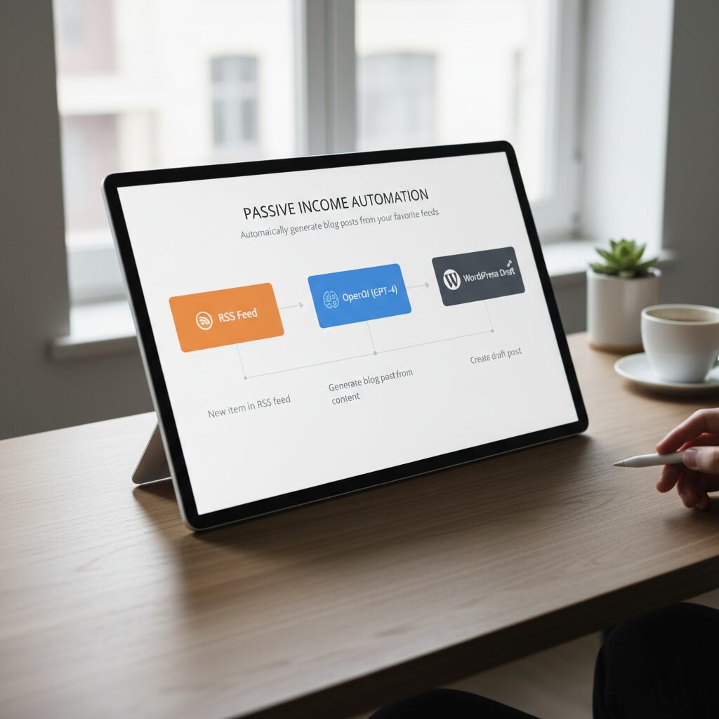 Screenshot diagram of a Zapier workflow connecting an RSS feed to OpenAI and then to WordPress draft