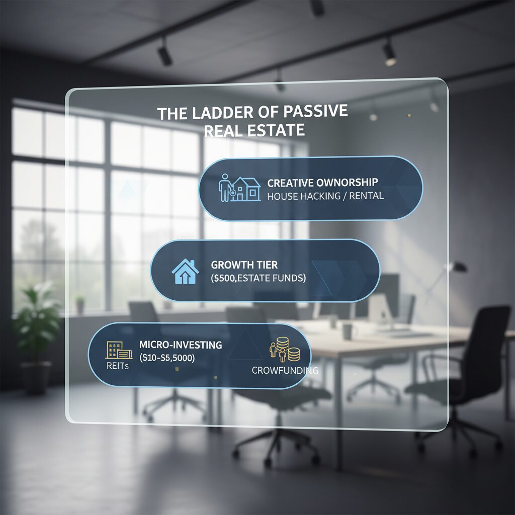 A clean, modern infographic titled "The Ladder of Passive Real Estate" showing three tiers: Micro-Investing ($10-$500), Growth Tier ($500-$5,000), and Creative Ownership ($5,000+), with icons representing REITs, Crowdfunding, and House Hacking.