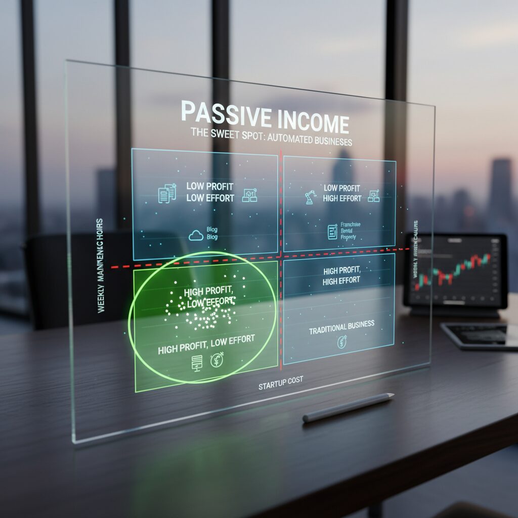A modern, sleek matrix chart plotting 'Startup Cost' on the X-axis and 'Weekly Maintenance Hours' on the Y-axis, highlighting the sweet spot for automated businesses