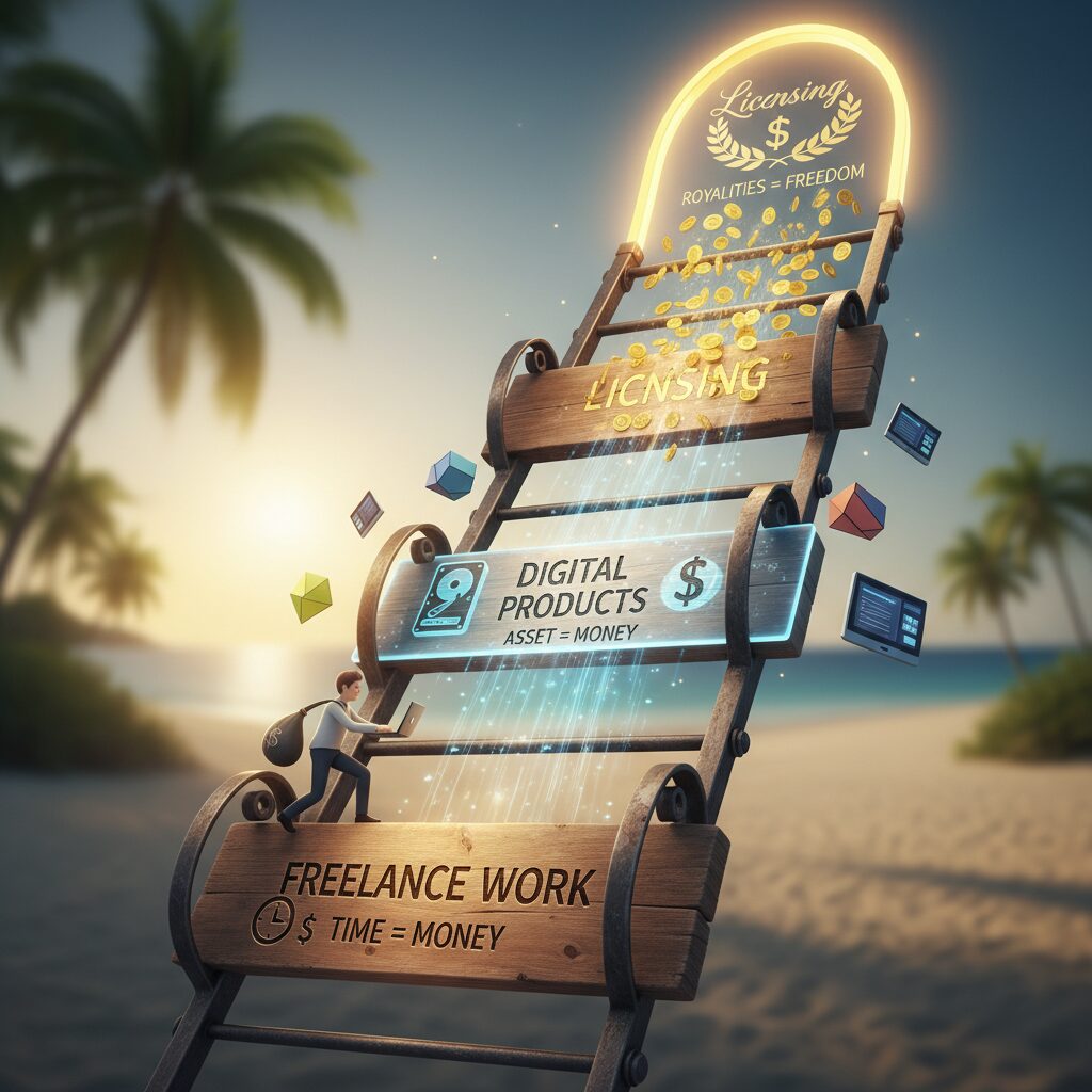 A conceptual illustration showing a "ladder" of income. The bottom rung is 'Freelance Work' (Time = Money), the middle is 'Digital Products' (Asset = Money), and the top is 'Licensing'.