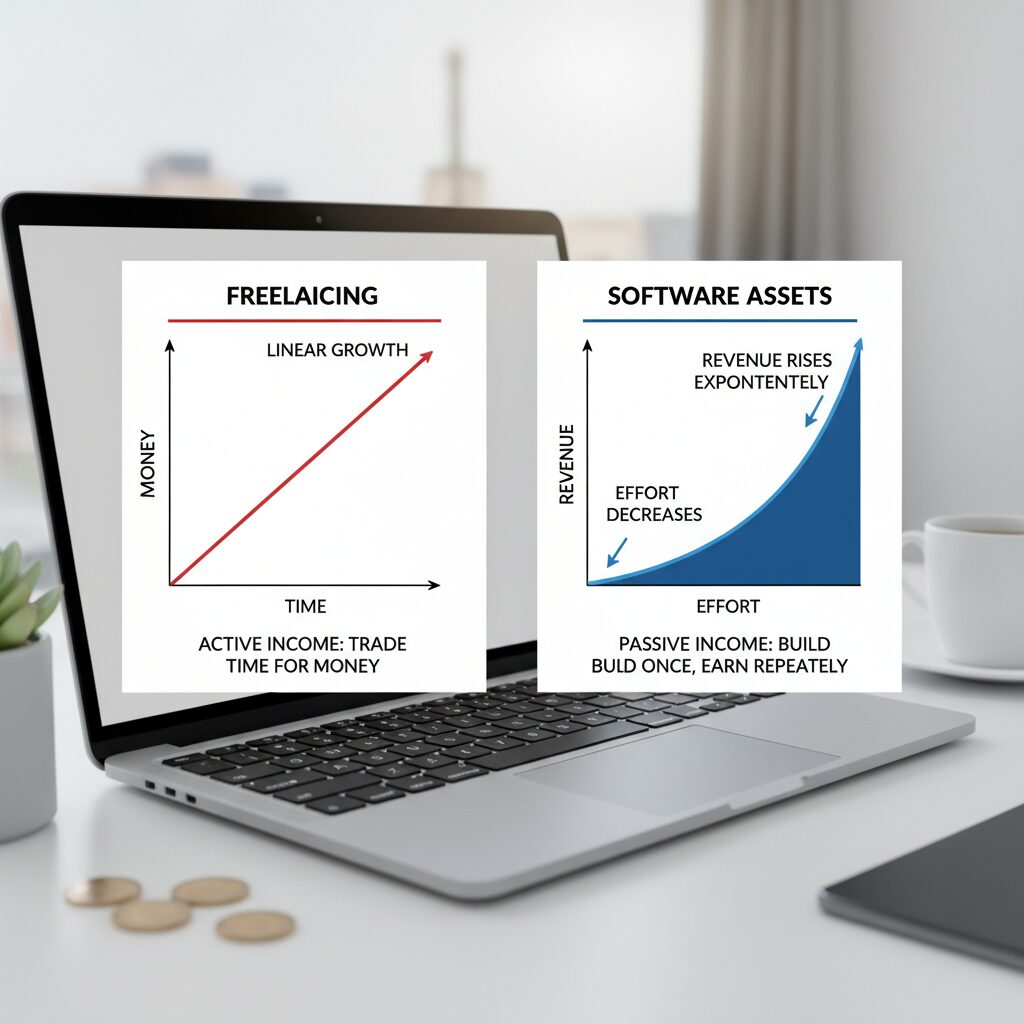 A split-screen graphic. Left side shows a 'Time vs Money' linear graph labeled 'Freelancing'. Right side shows an exponential curve labeled 'Software Assets' where effort drops but revenue rises.