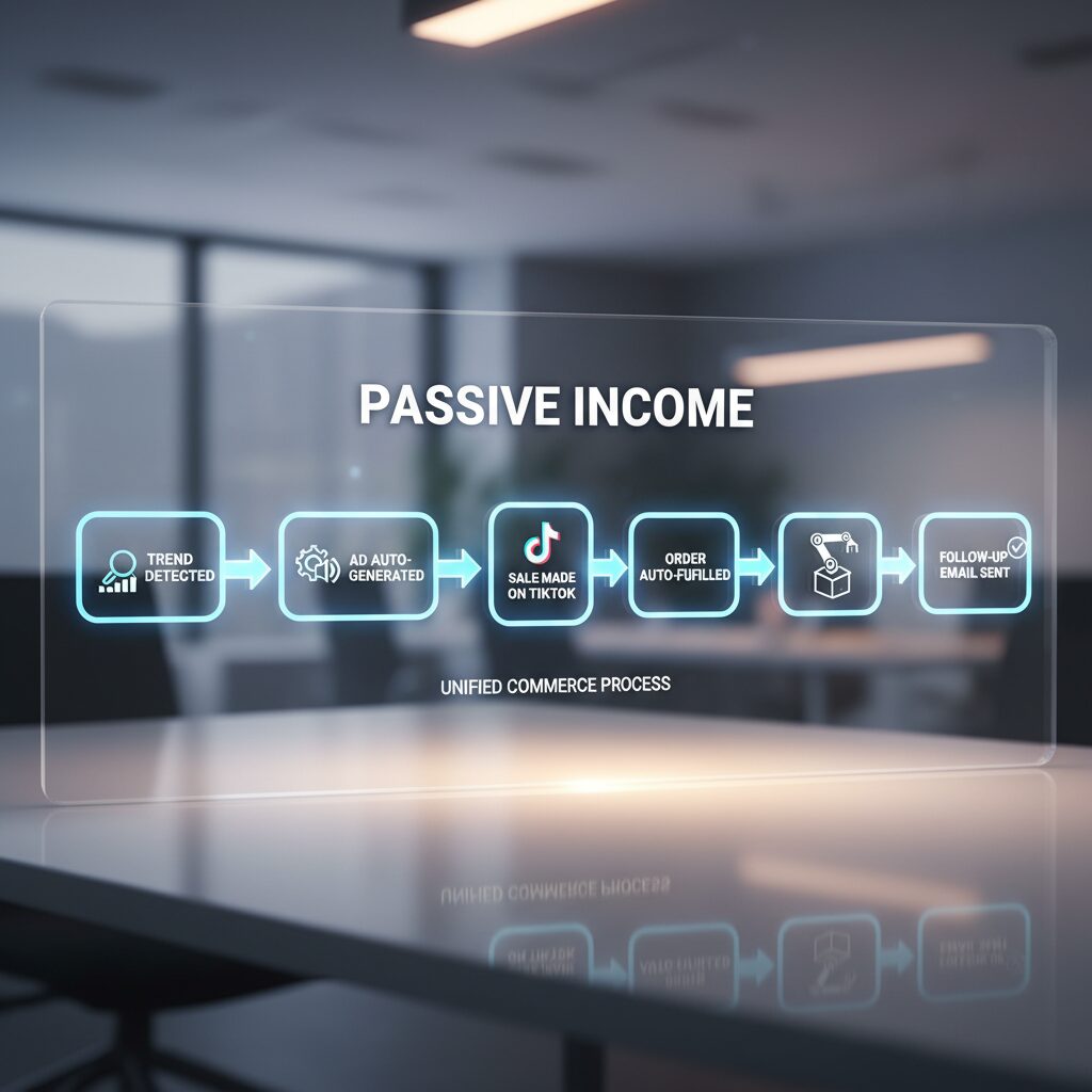 A flowchart showing the Unified Commerce process: Trend detected -> Ad auto-generated -> Sale made on TikTok -> Order auto-fulfilled -> Follow-up email sent. All steps connected by arrows.