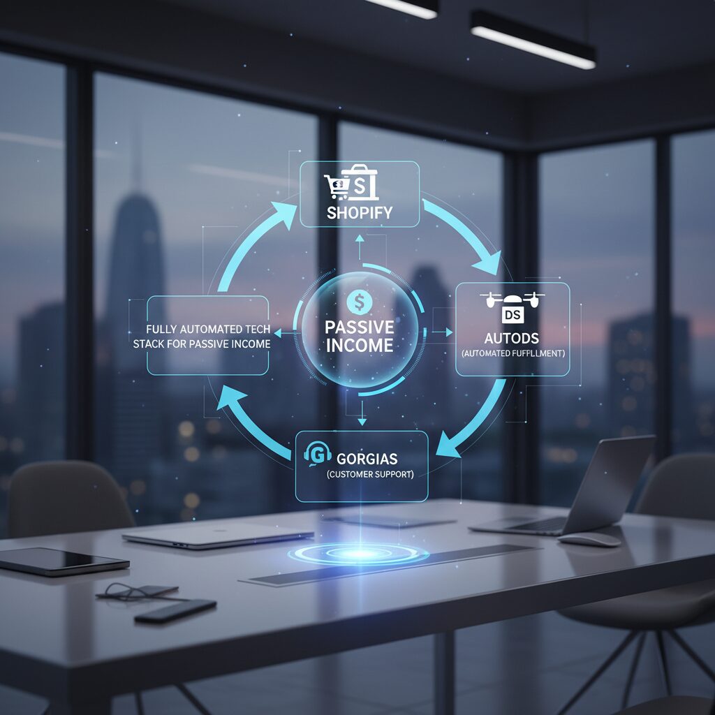 A diagram of a 'Fully Automated Tech Stack' showing Shopify connected to AutoDS for fulfillment and Gorgias for support, creating a closed loop.