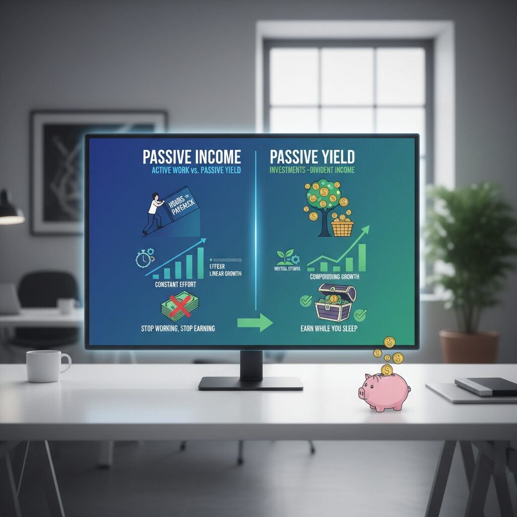 A clean, modern infographic comparing a standard paycheck to dividend income, highlighting "Active Work" vs "Passive Yield"