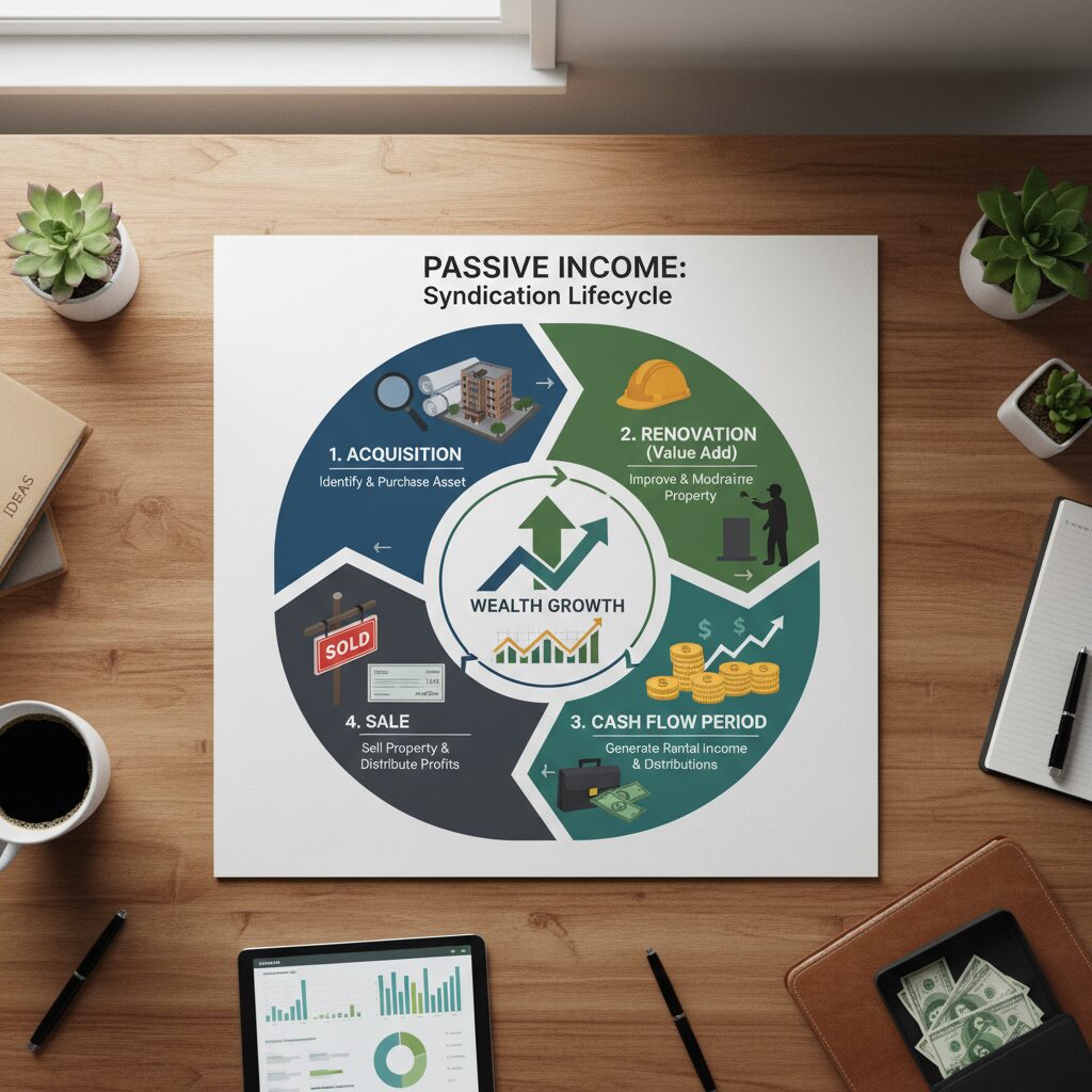 An infographic explaining the "Syndication Lifecycle": Acquisition -> Renovation (Value Add) -> Cash Flow Period -> Sale (Capital Event).