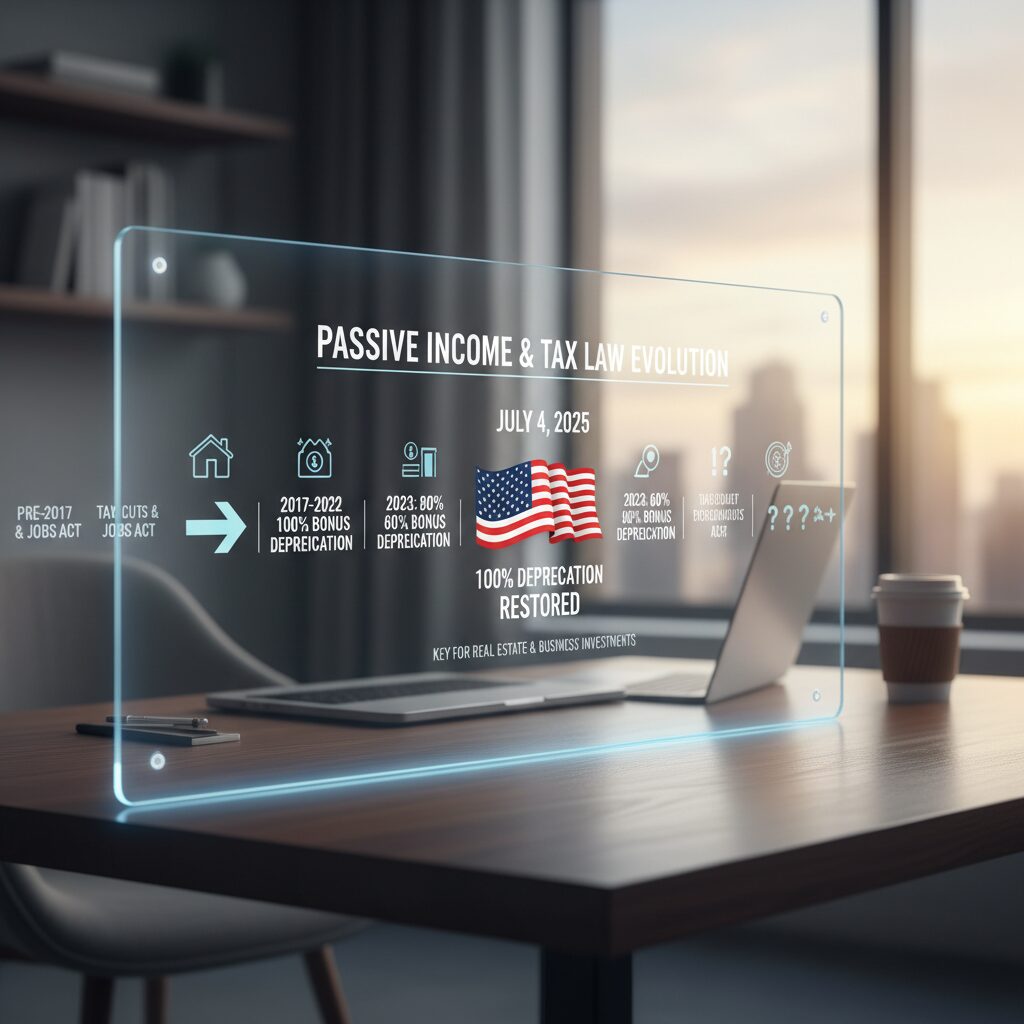 A modern infographic showing a timeline of tax laws, highlighting July 4, 2025, with a "100% Bonus Depreciation Restored" flag.