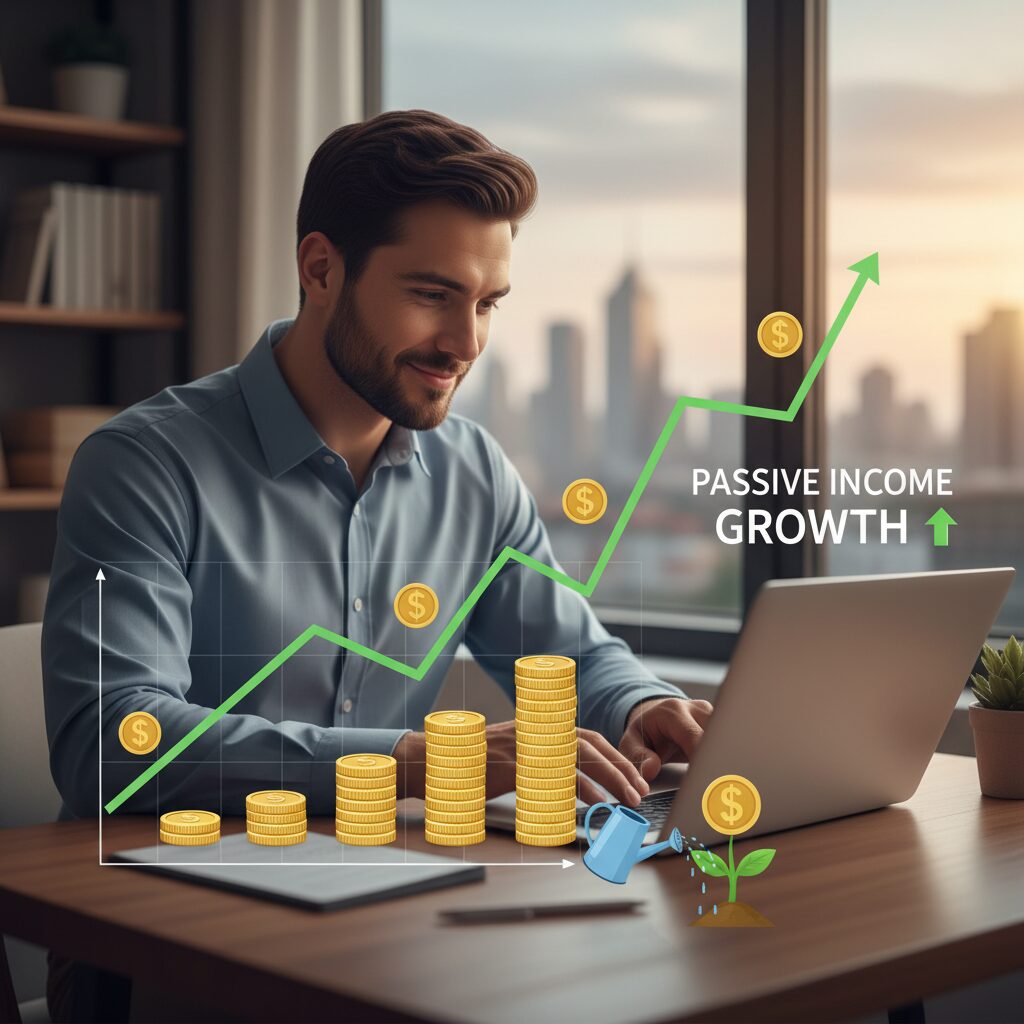 A conceptual illustration of a person working on a laptop with a background graph showing an upward trend line labeled "Passive Income Growth"