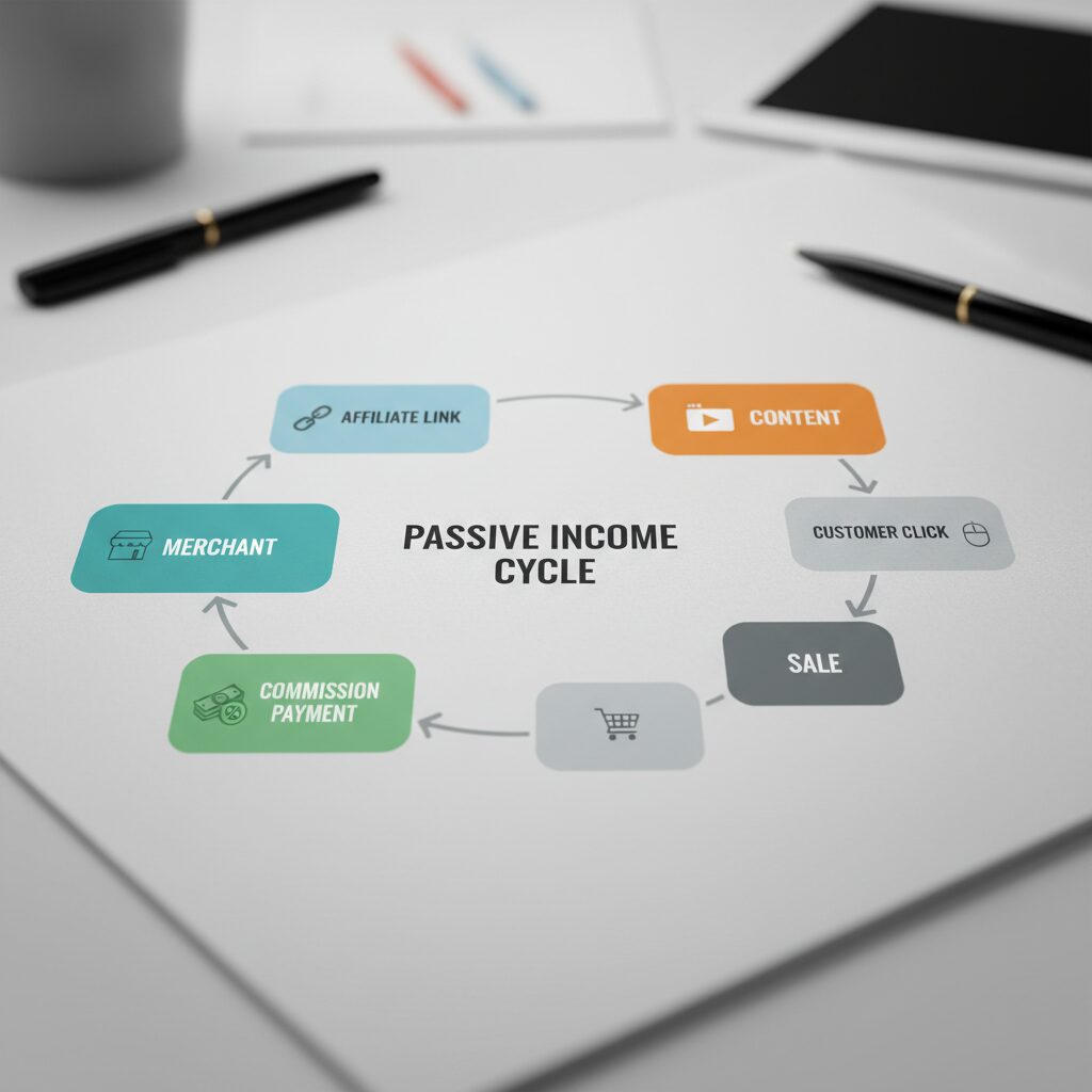 A clean, flat-design diagram showing the cycle: Merchant -> Affiliate Link -> Content -> Customer Click -> Sale -> Commission Payment