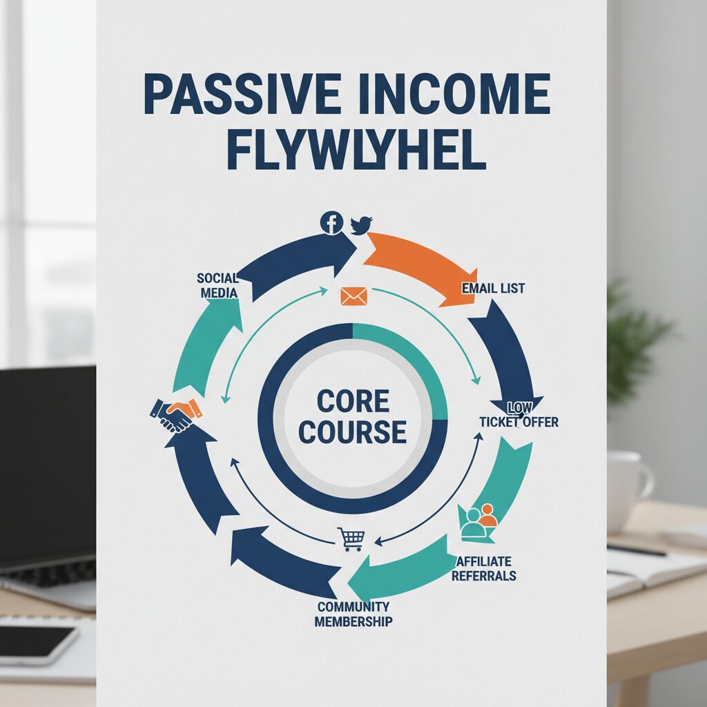 The "Passive Income Flywheel". Center circle: "Core Course". Outer ring arrows: Social Media -> Email List -> Low Ticket Offer -> Core Course -> Community Membership -> Affiliate Referrals -> Back to Social Media.