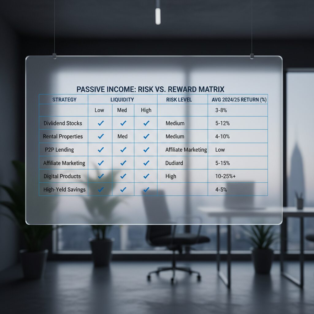 A comparison table titled "Risk vs. Reward Matrix" with columns for Strategy, Liquidity (Low/Med/High), Risk Level, and Avg 2024/25 Return.