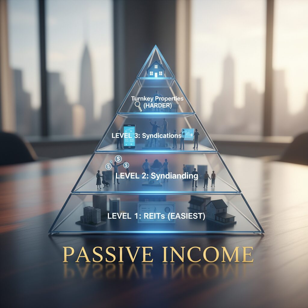 A tiered pyramid graphic showing the four levels of real estate investing: Level 1 REITs at the bottom (Easiest), moving up to Crowdfunding, Syndications, and Turnkey Properties at the top.
