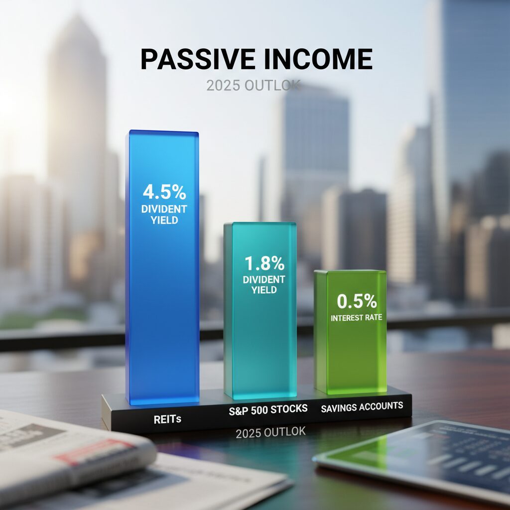 A comparative bar chart showing the dividend yield of REITs versus S&P 500 stocks and standard savings accounts for 2025.