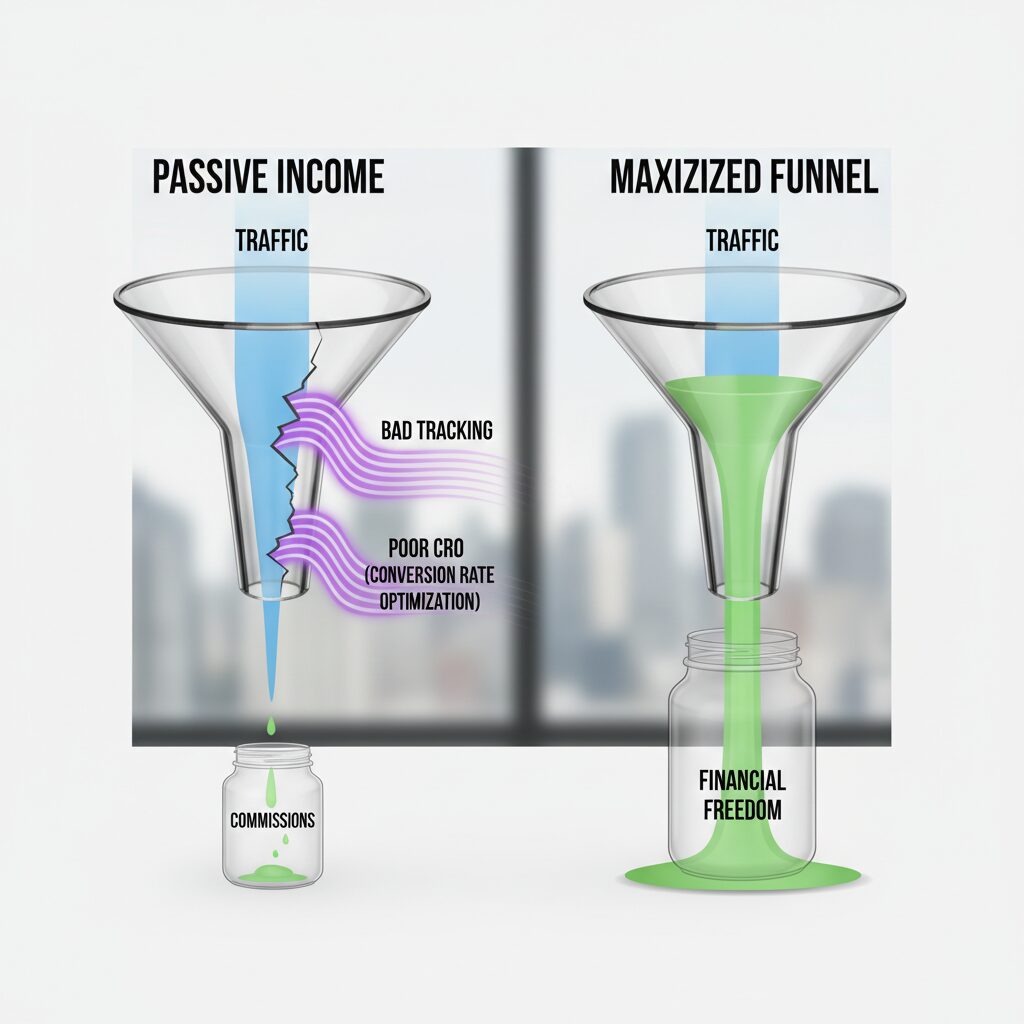 A conceptual infographic showing a funnel where traffic enters at the top, leaks out through 'bad tracking' and 'poor CRO', and a small stream of 'commissions' comes out the bottom vs. a 'maximized' funnel.