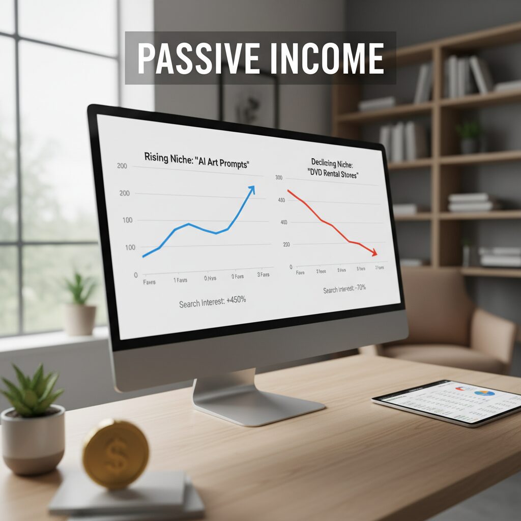 A screenshot comparison of Google Trends data showing a rising niche keyword versus a declining one