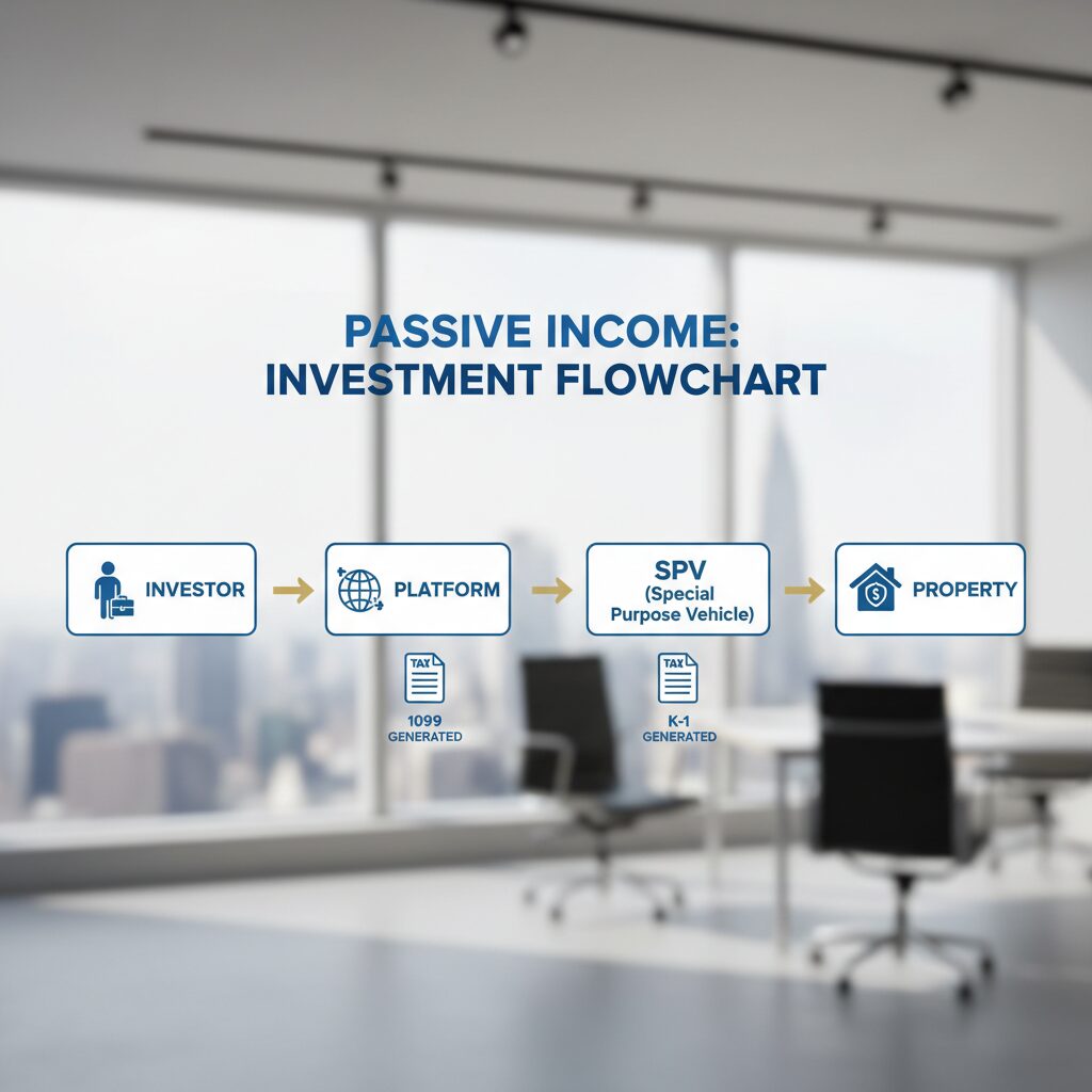 An infographic flowchart showing the path of investment: Investor -> Platform -> SPV (Special Purpose Vehicle) -> Property, with icons indicating where the K-1 or 1099 forms are generated.