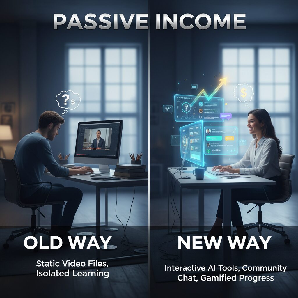 A modern, split-screen graphic contrasting the "Old Way" (static video files, isolated student) with the "New Way" (interactive AI tools, community chat, progress gamification). The image should be clean and professional.