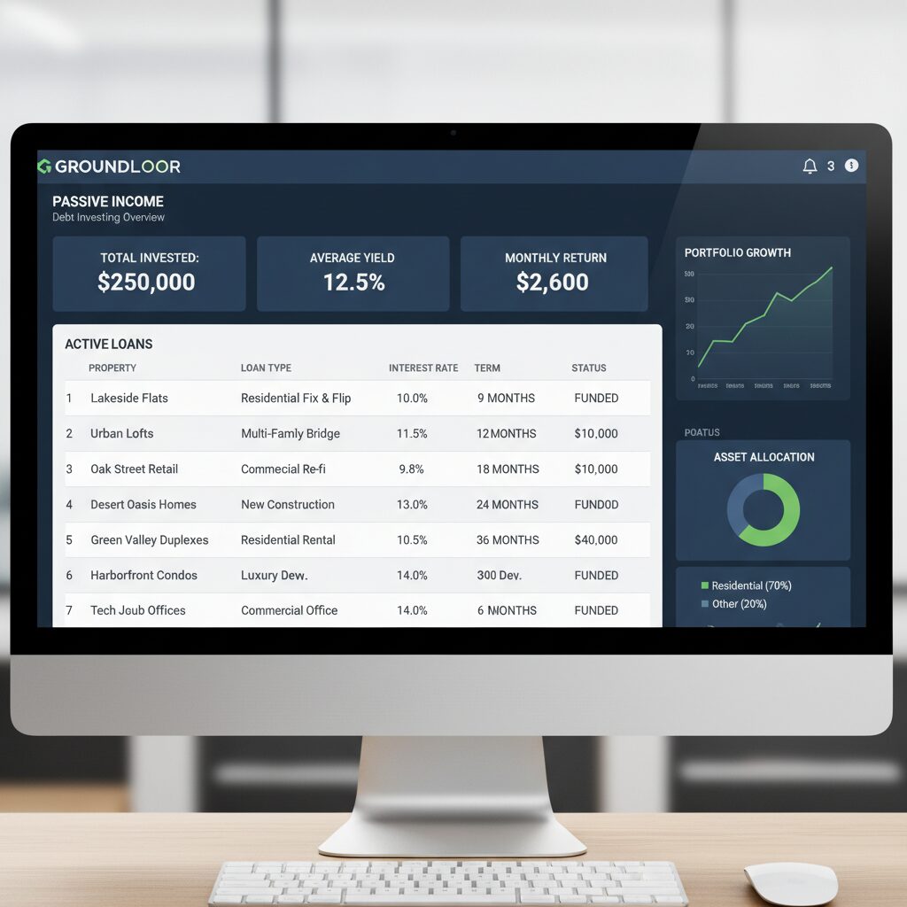 A dashboard view of a debt investing platform like Groundfloor showing a list of properties, interest rates (e.g., 10%), and term lengths (e.g., 9 months).