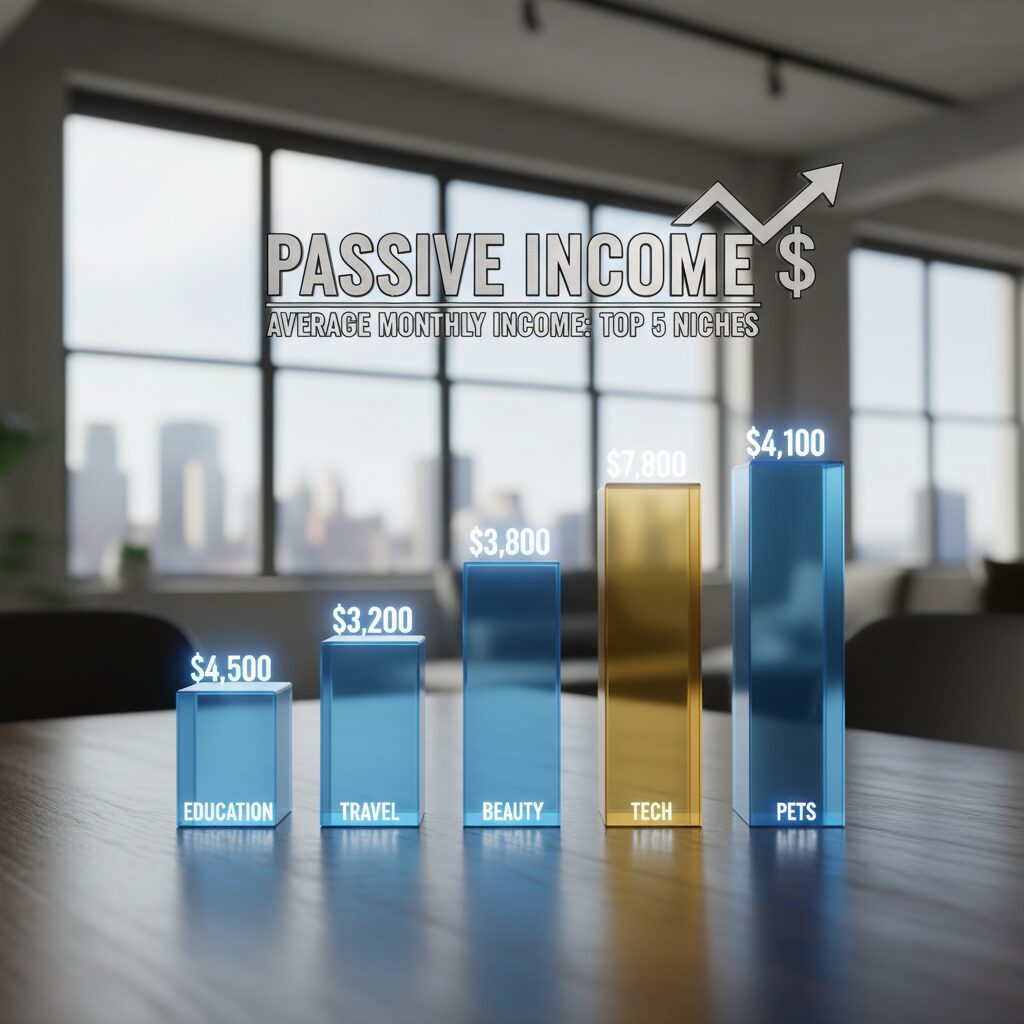 Bar Chart comparing average monthly income across top 5 niches: Education, Travel, Beauty, Tech, and Pets