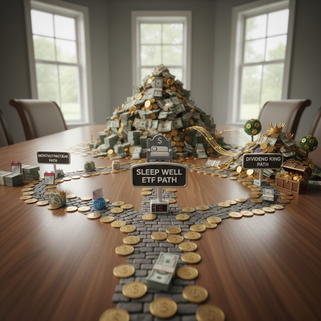 A visual roadmap graphic showing three paths: The "Sleep Well" ETF path, the "Monthly Paycheck" path, and the "Dividend King" path leading to a growing money pile.
