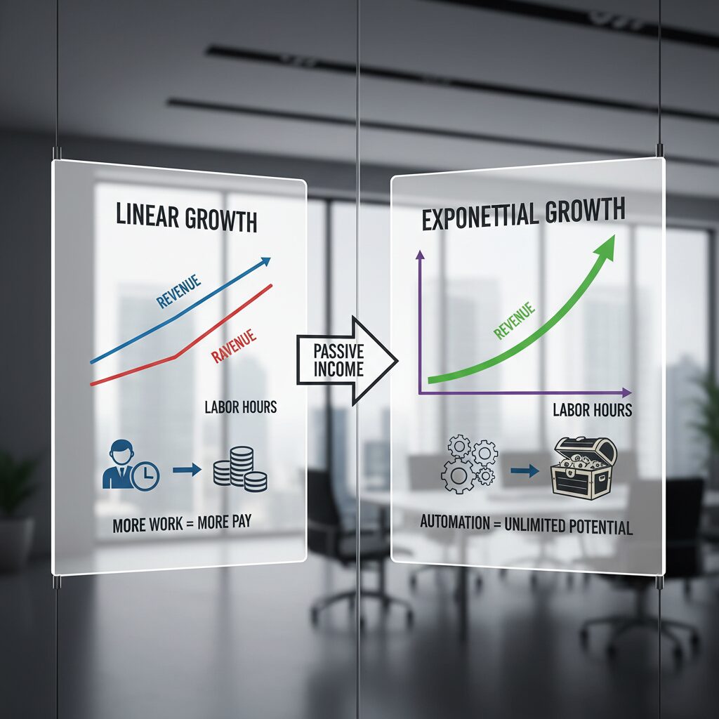 A comparative graph. Left side: "Linear Growth" showing revenue tied to labor hours. Right side: "Exponential Growth" showing revenue soaring while labor hours remain flat due to automation.