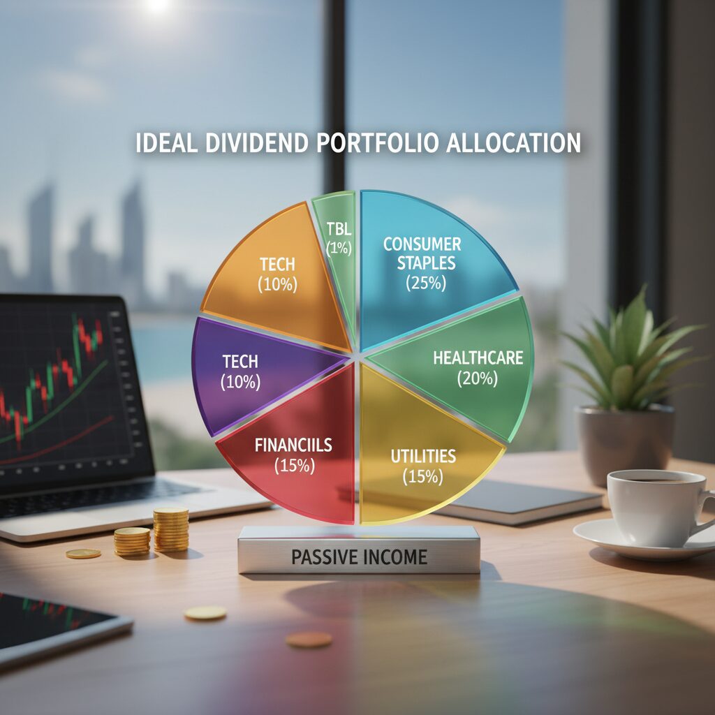 A pie chart visualization showing an ideal dividend portfolio allocation, with slices for 'Consumer Staples', 'Healthcare', 'Utilities', 'Tech', 'Financials', and 'REITs', none exceeding 20-30%.