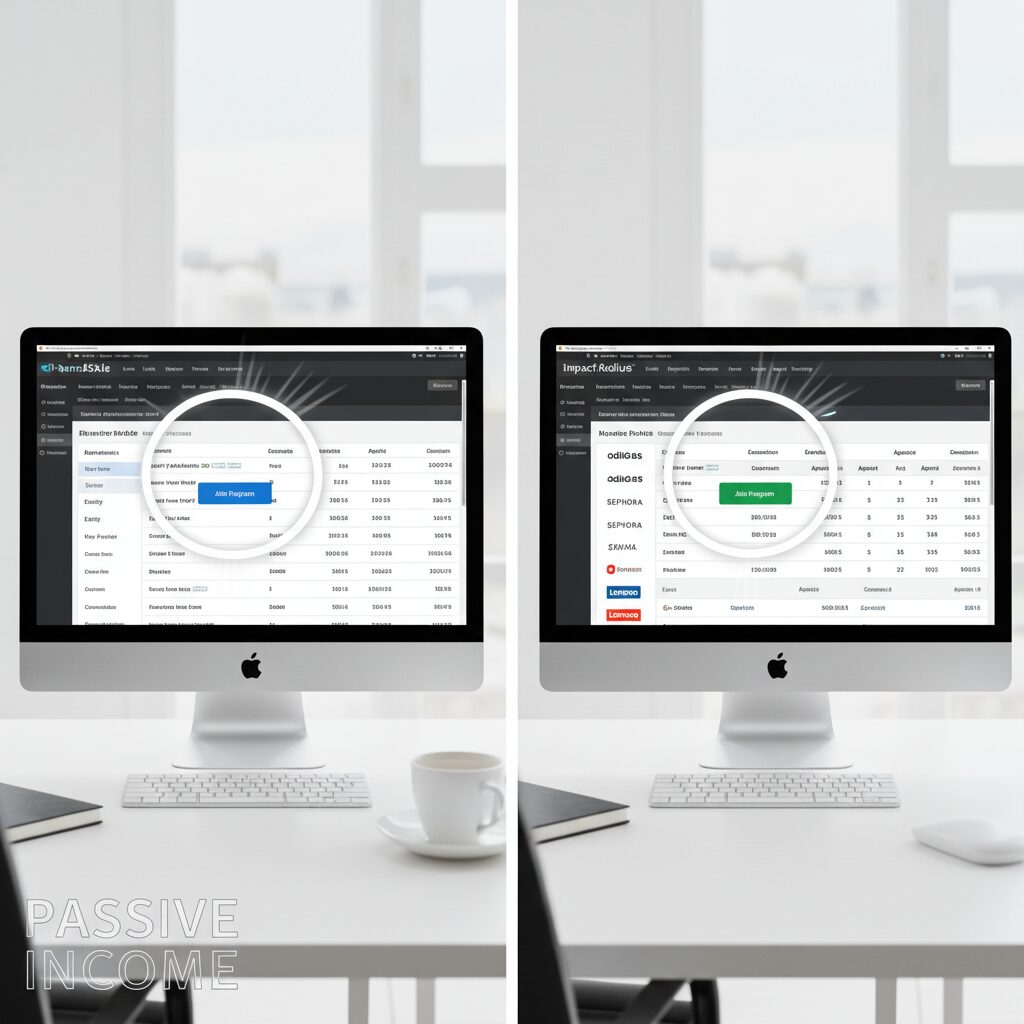 Screenshot of the ShareASale and Impact dashboard interfaces showing where to find the 'Join Program' button