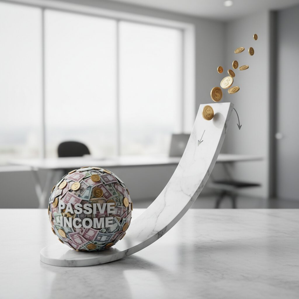 A modern, clean infographic illustrating the "Income Snowball" effect, showing small initial dividend coins rolling down a hill and growing into a massive boulder labeled "Passive Income."