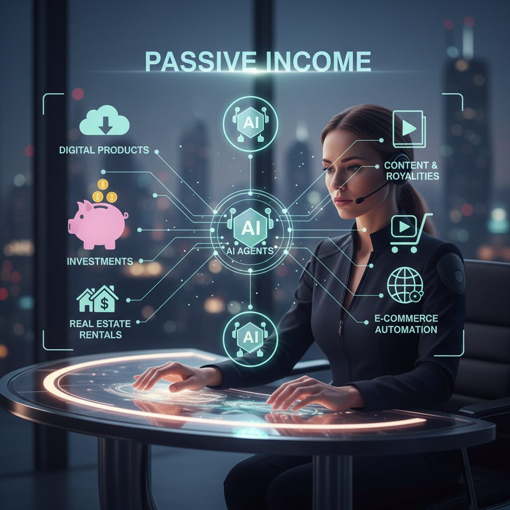 A conceptual diagram showing a human operator managing a network of AI agents connected to various income streams