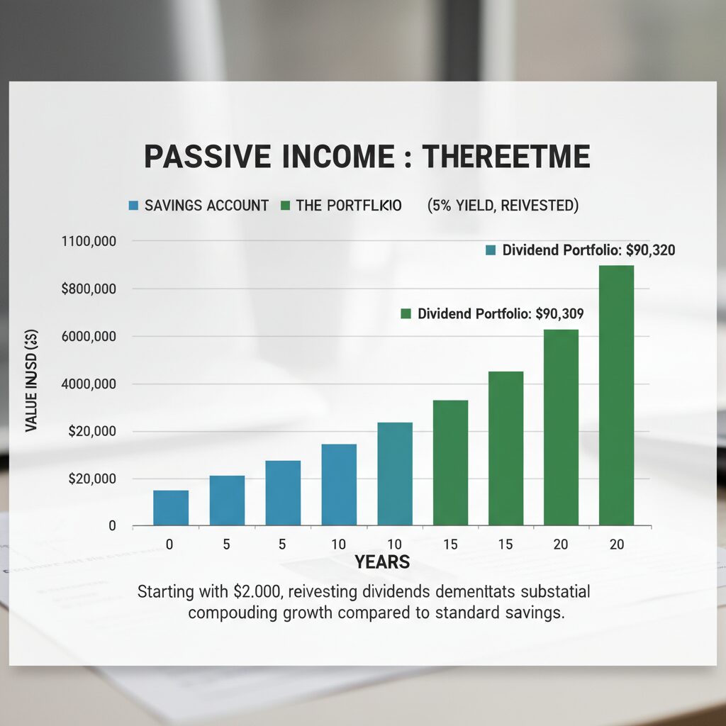 A bar chart comparison showing $2,000 in a savings account vs. a Dividend Portfolio over 20 years, highlighting the exponential curve of reinvestment.