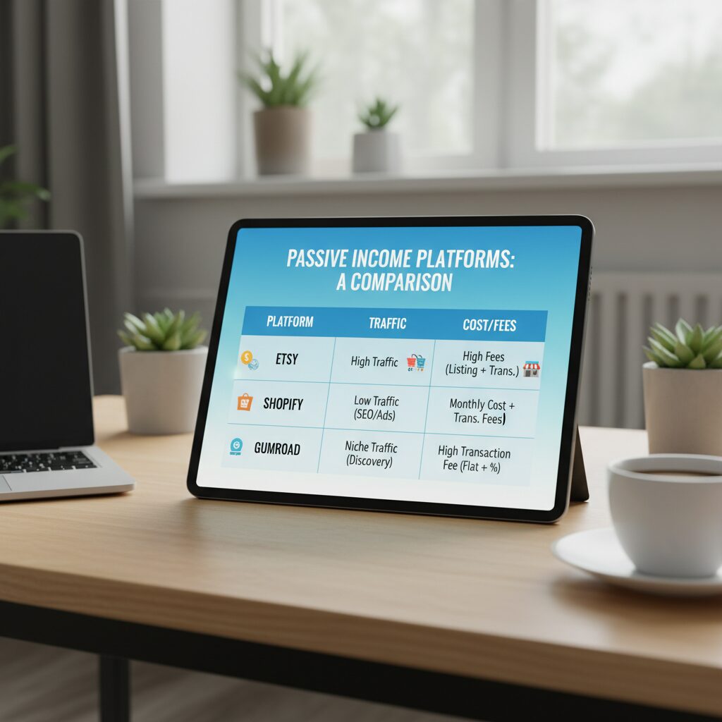 Comparison table graphic showing Etsy (High Traffic, High Fees) vs. Shopify (Low Traffic, Monthly Cost) vs. Gumroad (Niche Traffic, High Transaction Fee).