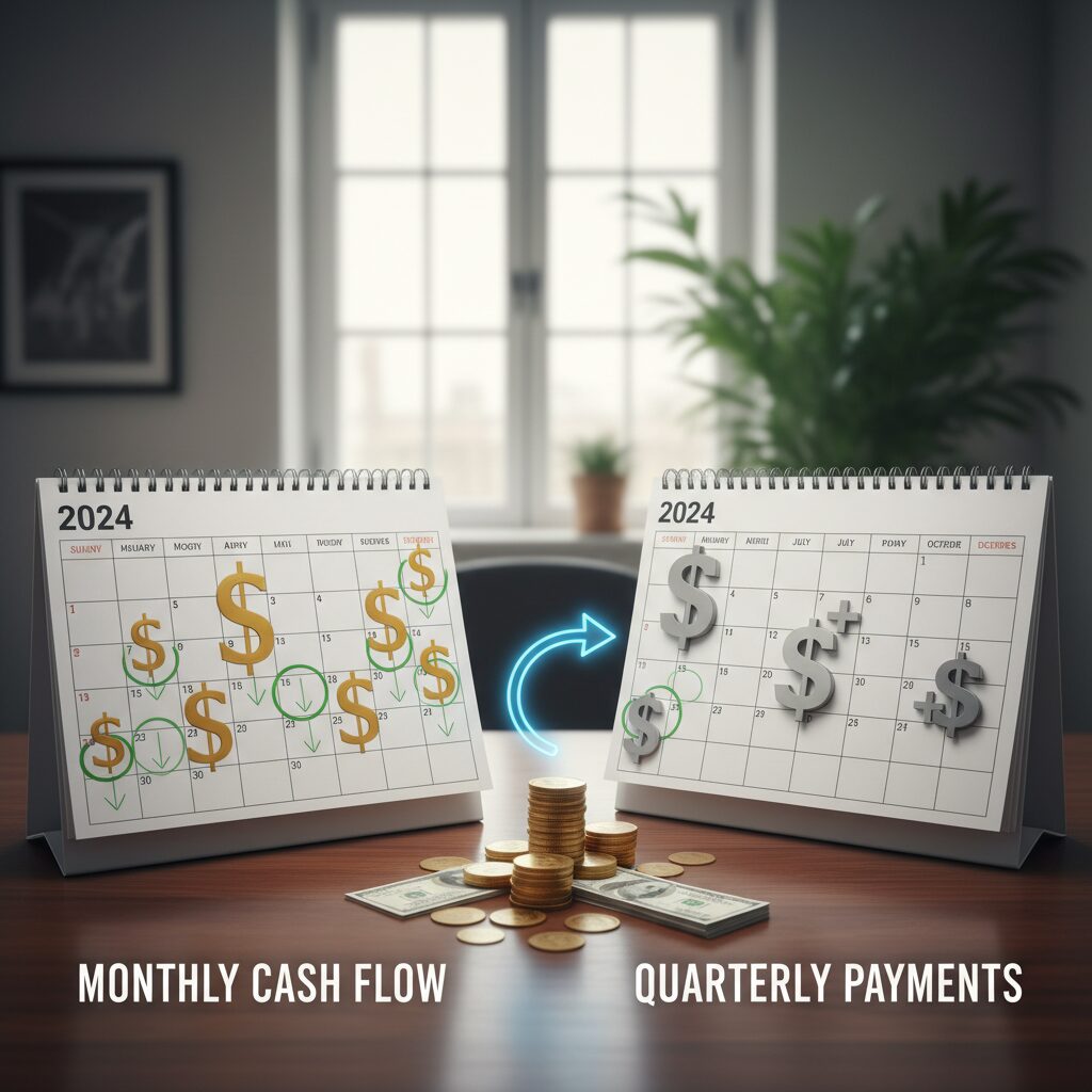 A conceptual image showing a calendar with dollar signs on the 1st of every month, contrasting with a calendar showing quarterly payments. Visualizing steady cash flow.