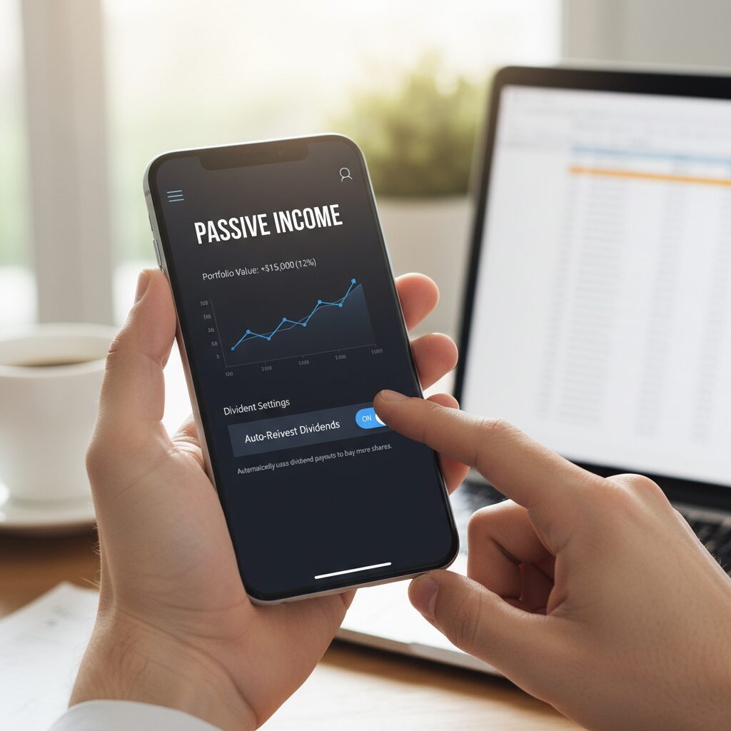 A smartphone screenshot mockup showing a brokerage app interface. A finger is toggling a switch labeled "Auto-Reinvest Dividends" from OFF to ON.