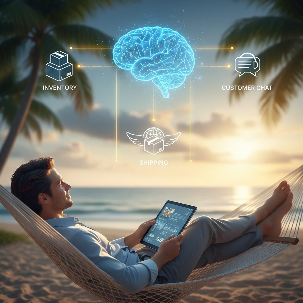 A conceptual illustration showing a business owner relaxing while a digital 'brain' connects lines between inventory, shipping, and customer chat icons.