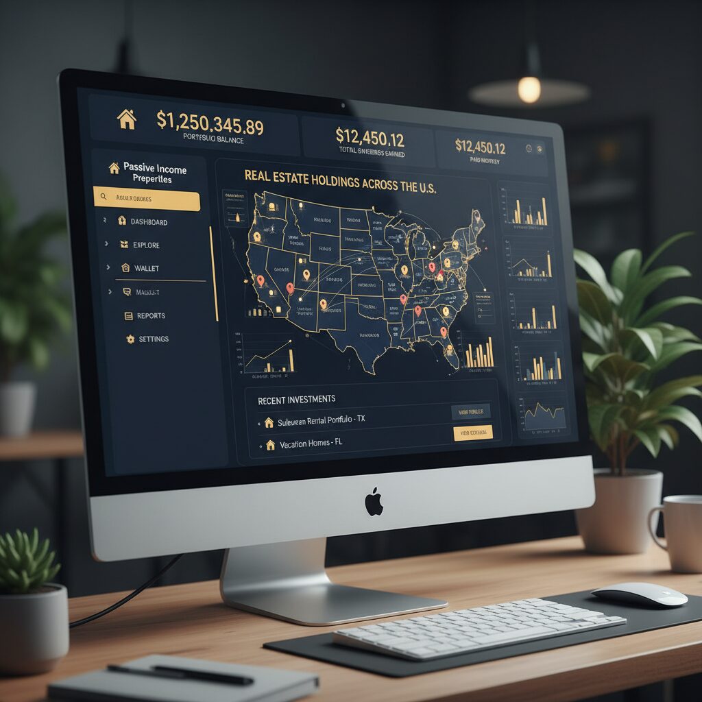 A screenshot mockup of a crowdfunding dashboard showing a portfolio balance, dividends earned, and a map of properties owned across the US.