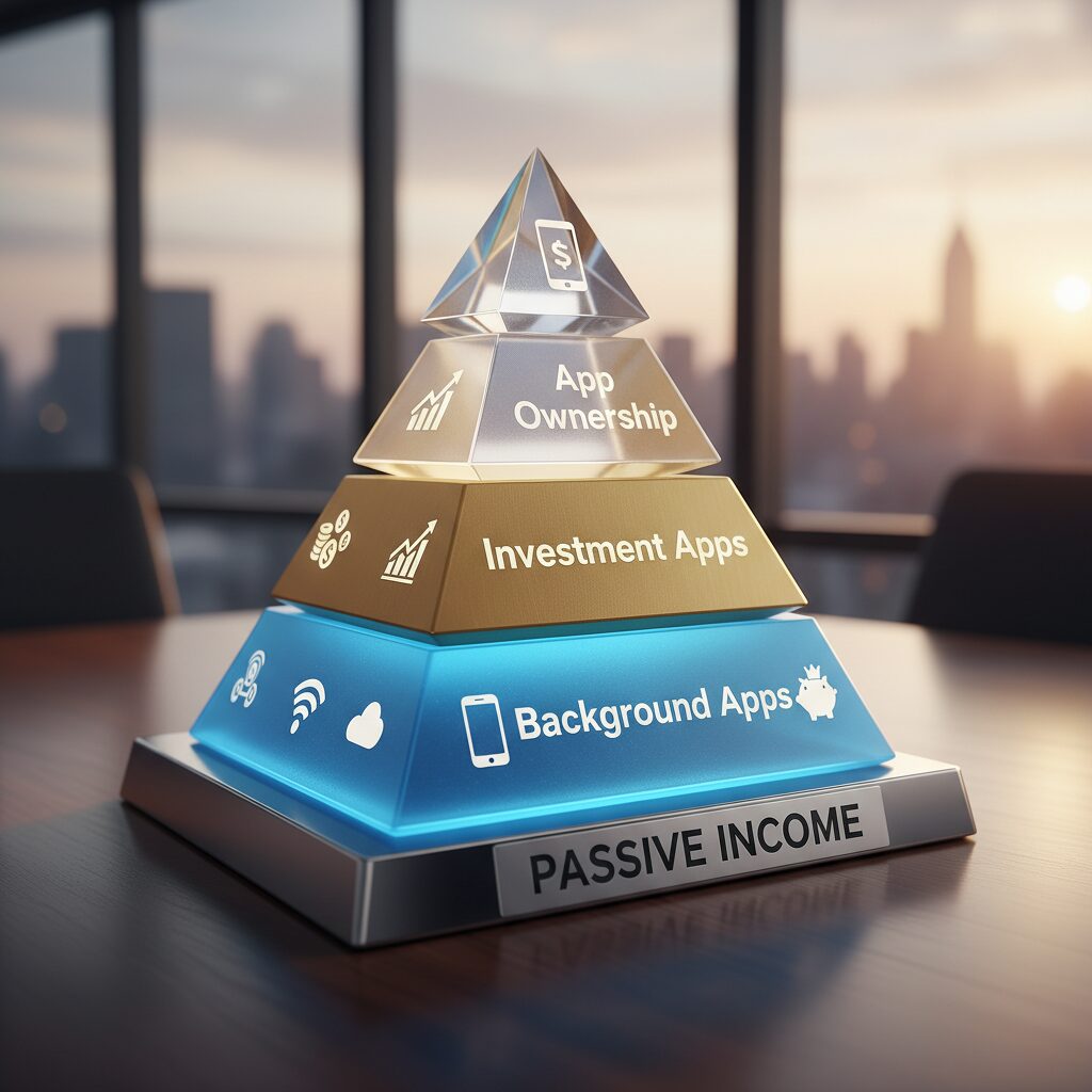 A 3D infographic showing a pyramid structure with three levels. Bottom level: 'Background Apps', Middle level: 'Investment Apps', Top level: 'App Ownership'.