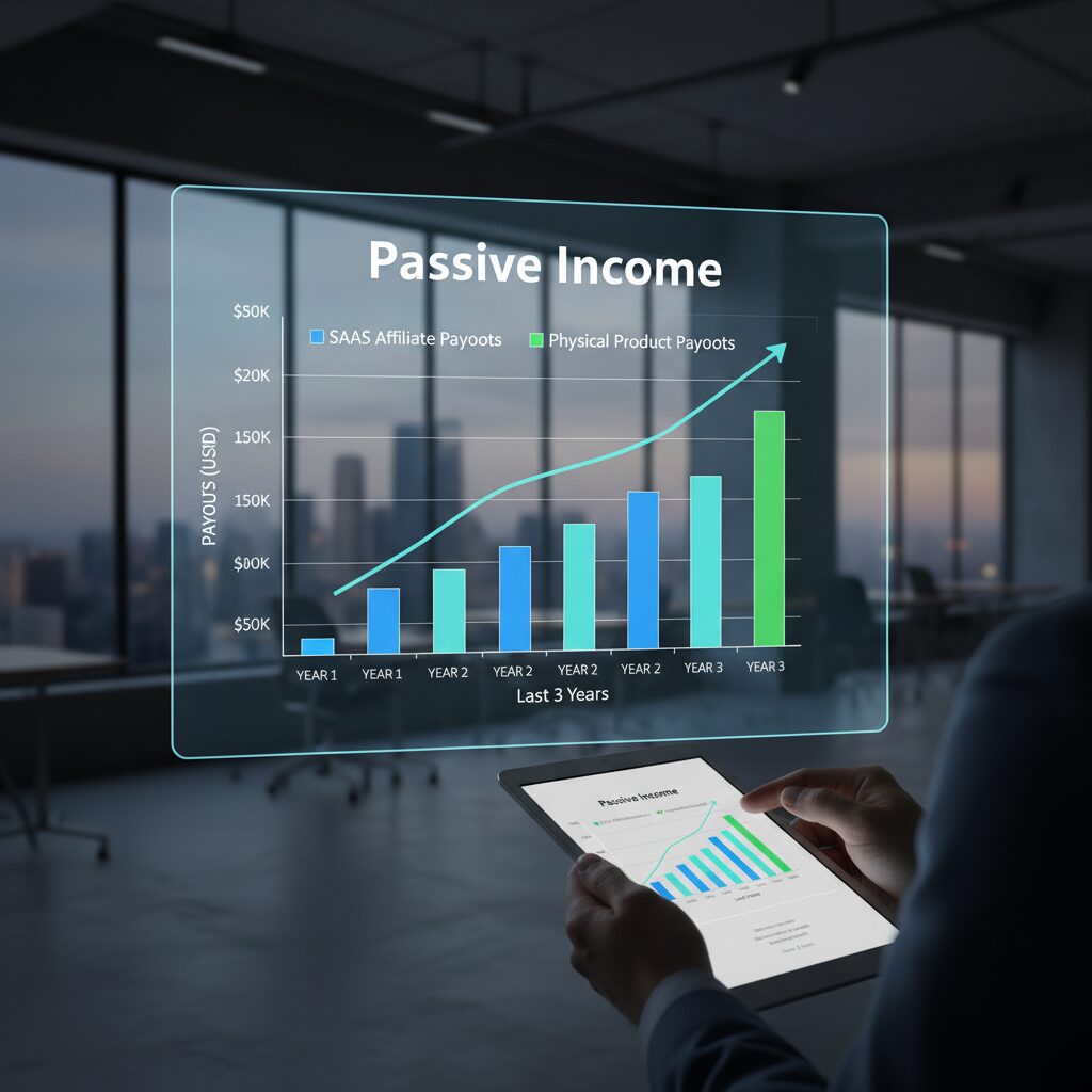 A clean, modern bar chart showing the growth of SaaS affiliate payouts compared to physical product payouts over the last 3 years.