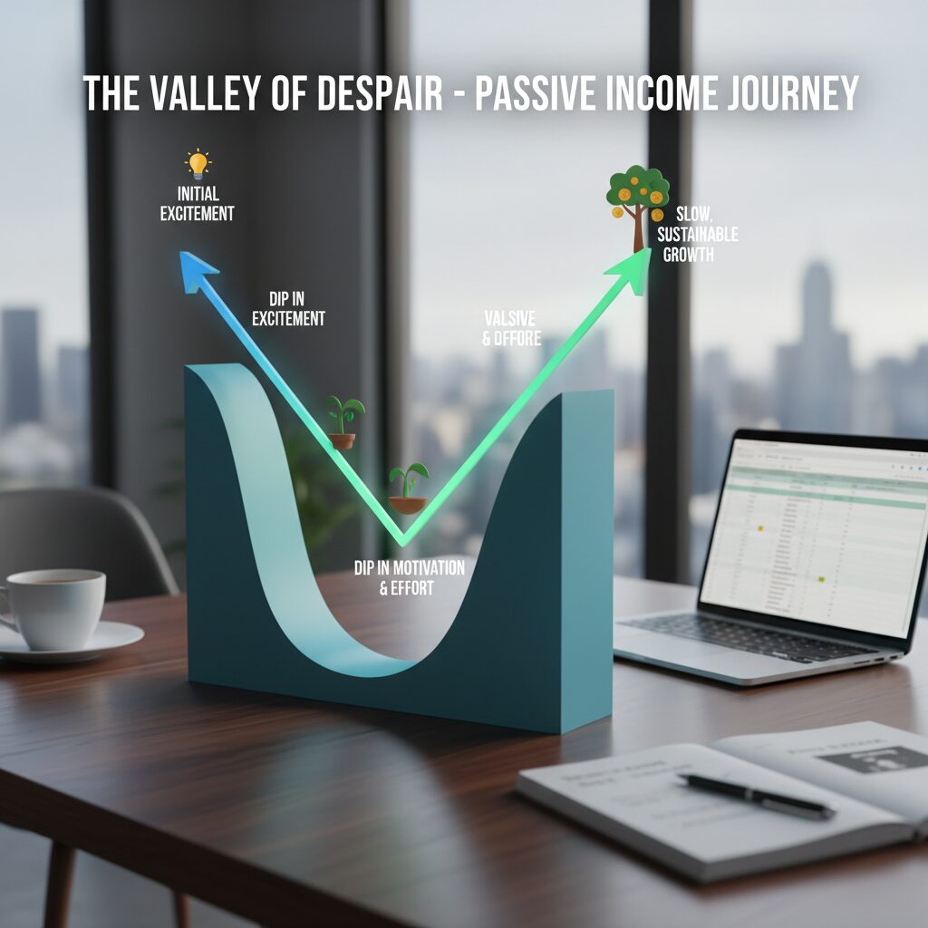 A line graph titled " The Valley of Despair" showing initial excitement, a dip in motivation (the valley), and then slow, sustainable growth
