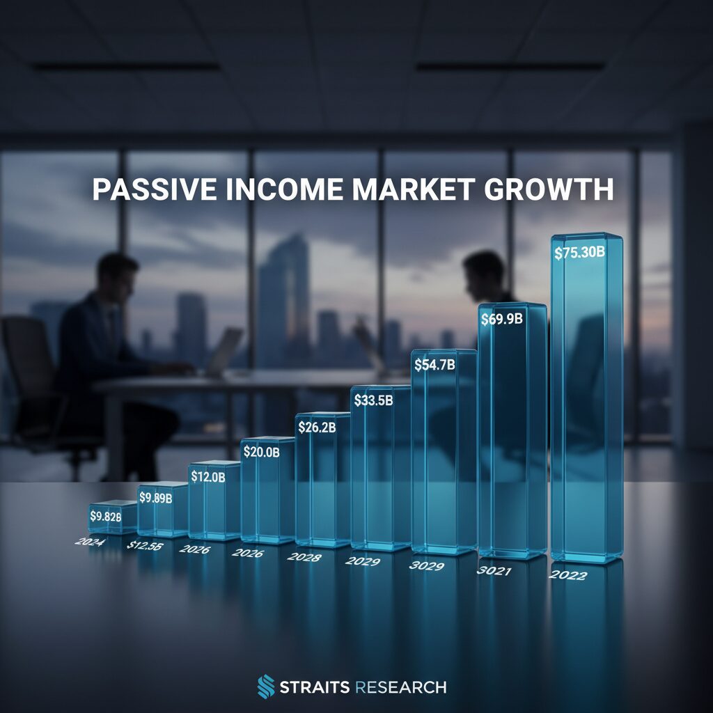 Bar chart visualization showing the market growth from 2024 ($9.89B) to 2033 ($75.30B). The bars should show a steady, steep upward trend, labeled with the source Straits Research.