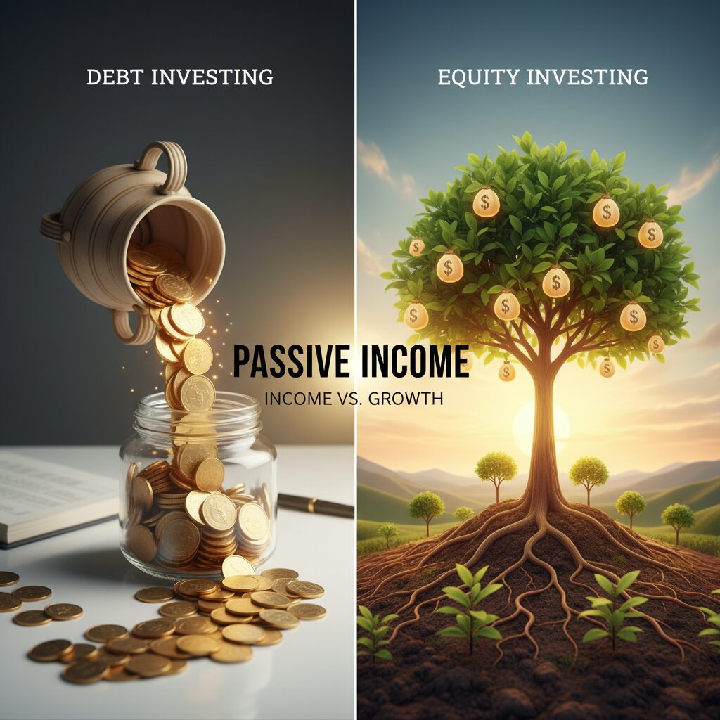 A split-screen graphic comparing a steady stream of coins (Debt Investing) versus a growing tree (Equity Investing) to visualize the Income vs. Growth concepts.